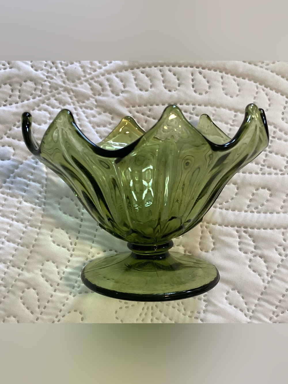 Vintage Westmoreland Olive Green Lotus Candy Dish Frosted Glass Pedestal Bowl
